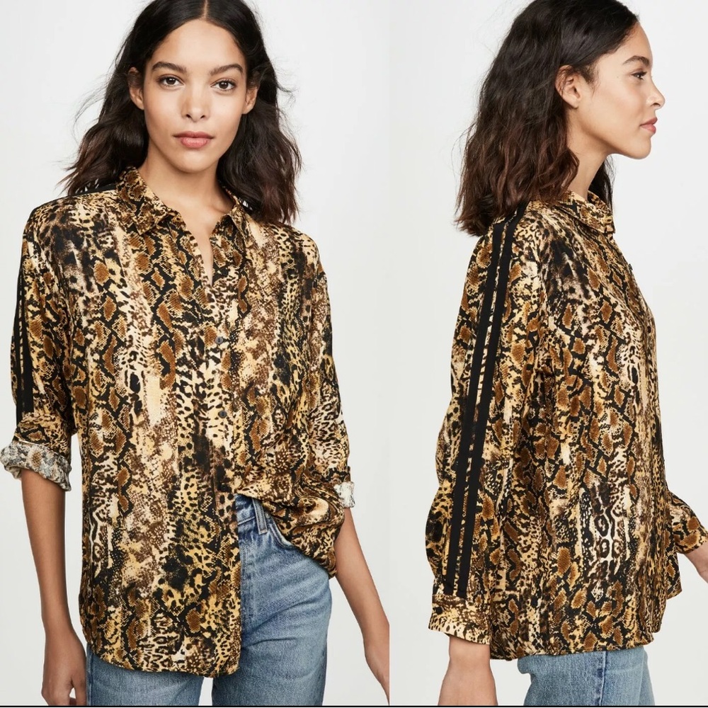 BA&SH Susie Snake Print Button Down Ocher with Black Varsity Stripe Size XS EUC